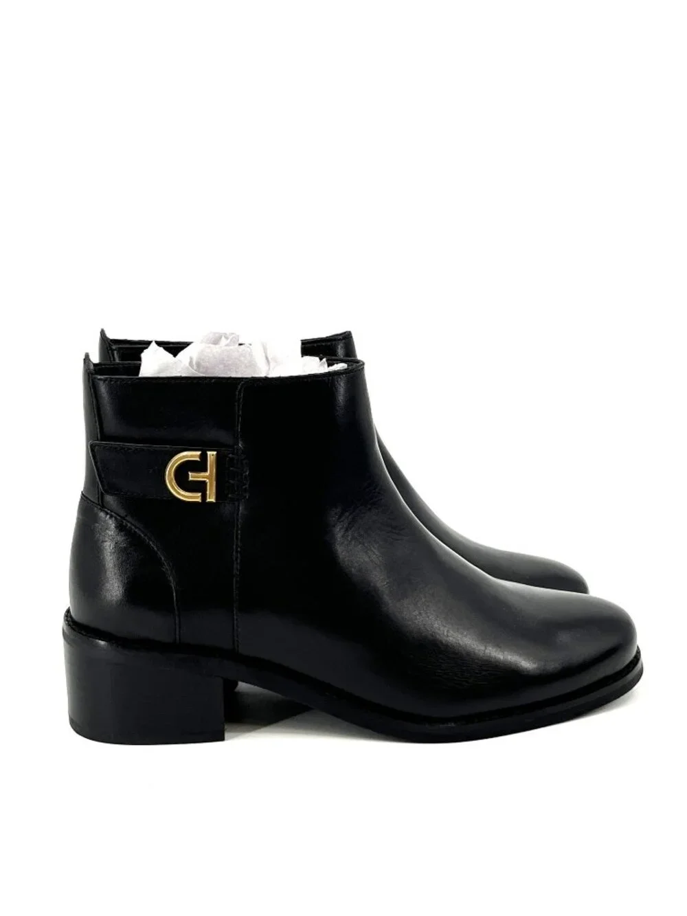 Cole Haan Holis Buckle Bootie Black Size 6B Leather Ankle Boots Gold Logo Zip
